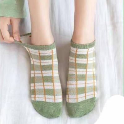 China Viable hot sale green color block women ladies anti-slip no show ankle cotton socks embroidered short socks 5pairs for sale