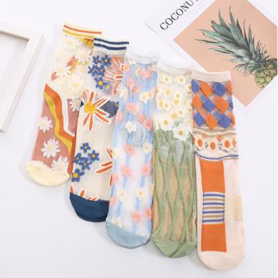 China Mesh Jacquard Crew Crystal Girls Viable Thin Silk Tube Summer Transparent Socks Flower Design Sheer Long Socks For Women for sale