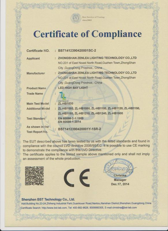 CE - Zhongshan Zenlea Lighting Technology Co., Ltd.