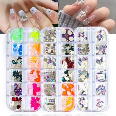 China New Product 12 Bags Grid Boxed AB To Color Nail Polish Flat Bottom Rhinestone Nail Stickers DIY Special Shaped Glass Jewelry Accessories for sale