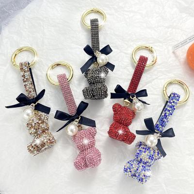 China Bowtie Diamond Water Sitting Bear Unisex Car Key Chain Ornaments Decorative Hanging Popular Key Chain Bag Pendant for sale