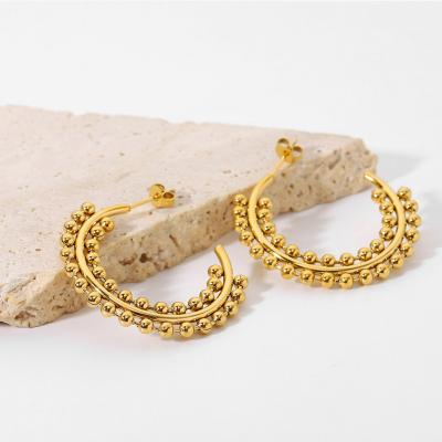 China TRENDY Fashion Gold Plated 18K Stainless Steel Earrings Ball Stitching C Shaped Geometric Circle Earrings for sale