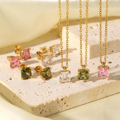 China TRENDY Wholesale 18K Gold Plated Stainless Steel Jewelry Square Colored Zircon Pendant Necklace For Women for sale