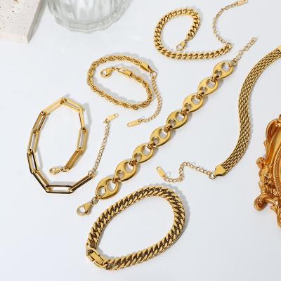 China TRENDY INS Women Stackable Jewelry Set Cuban Chain Bracelet Miami Flat Snake 18K Gold Plated Stainless Steel Link Chain Bracelet for sale