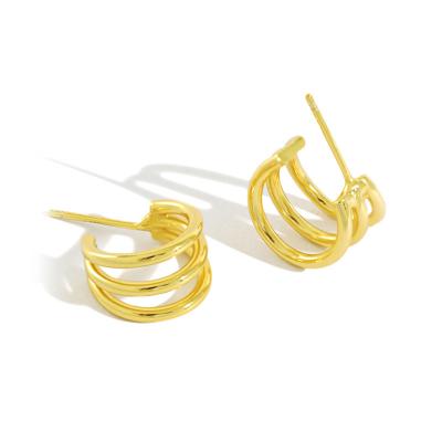 China TRENDY Fashion 18k Gold Plated Layered Tri Circles Geometric C Shape 925 Silver Triple Circle Earrings for sale