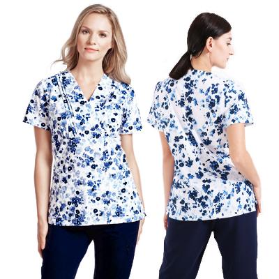 China Longevity Bend V-Neck Dental Clinic Doctor Nursing Medical Scrub Uninform With Flower Print Sleeve Short Men Women Surgical Gown for sale