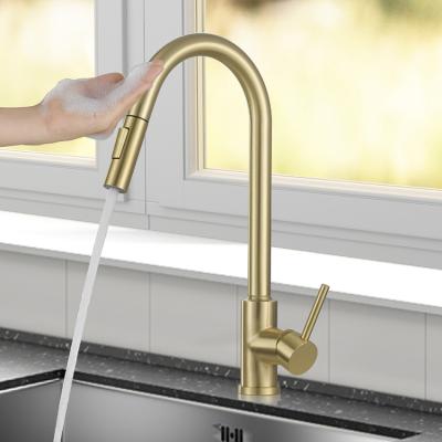 China Sense Faucets Brushed Gold Water Faucet With Pull Out Sprayer Handle Smart Sensor Touch Lever Single Kitchen Sink Faucet for sale