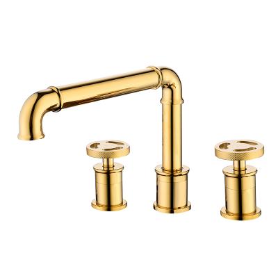 China Faucets F01S71JL Industrial Design Round Wheel Metered Handle Double Split Basin Faucet Gold Basin Mixer Taps for sale