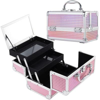 China Durable Professional Makeup Case with Mirror Aluminum Cosmetic Organizer Storage Box with Extendable Trays Makeup Organizer Jewelry Box for sale