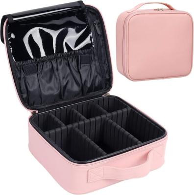 China Fashionable Durable Pink PU Leather Portable Makeup Bag Cosmetic Case with Adjustable Dividers for Cosmetics Makeup Brushes Storage Box for sale