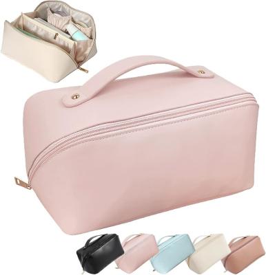 China Fashionable PU Leather Waterproof Cosmetic Bag Multifunctional Household Goods Makeup Bag For Large Capacity Easy Access Travel Cosmetic Bag With Handle for sale