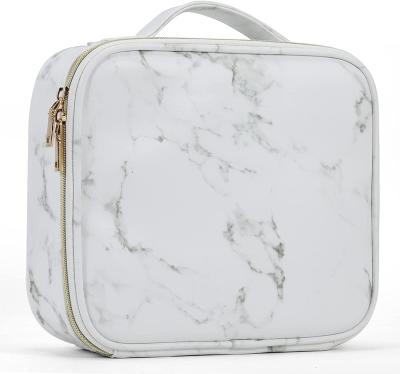 China Fashionable Durable Marble Leather Organizer PU Leather Makeup Bag Portable Cosmetic Storage Bag Marble Pattern Makeup Bag with Adjustable Dividers for sale