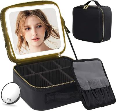 China Fashionable Durable Makeup Case With Mirror And Light 3 Colors Travel Makeup Bag With Mirror Portable Lighted PU Makeup Bag Organizer Cosmetic Case for sale