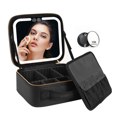 China Fashionable Durable Travel Makeup Case With Large Mirror Lighted Portable Waterproof Cosmetic Organizer Professional Cosmetic Bag Artist Ba for sale