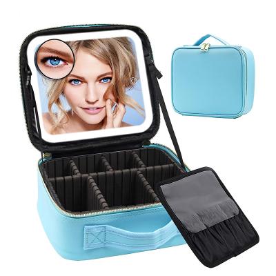 China Fashionable Durable Travel Makeup Bag with LED Lighted Mirror Makeup Train Case with Adjustable Dividers Makeup Case with Detachable Mirror for sale