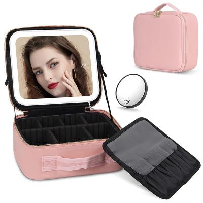 China Fashionable Durable Makeup Case with Mirror and Light 3 Colors Travel Makeup Bag with Lighted Mirror Makeup Bag Organizer Portable Cosmetic Case for sale