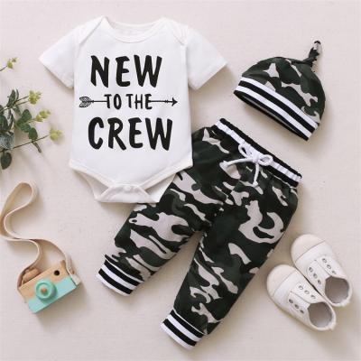 China Lovely 3 Piece Kids Suit Set Letter Print O-Neck Camouflage Print Pants Short Sleeve Romper With Hat for sale