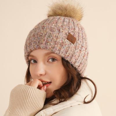 China breathable & Winter Waterproof Women's Beanie Hat Warm Knitted Soft Ski Cuff Hat With Pom Pom for sale