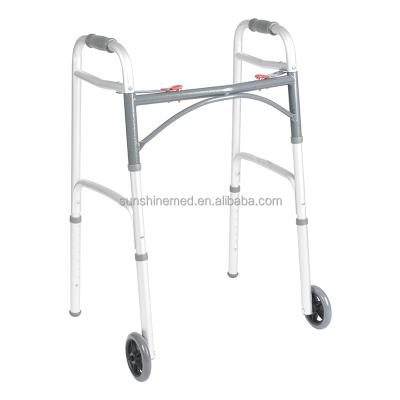 China Front Wheels WA226 Walker Front Wheeled Adjustable Height Dual Button Folding Aluminum Walker for Adults Elderly for sale