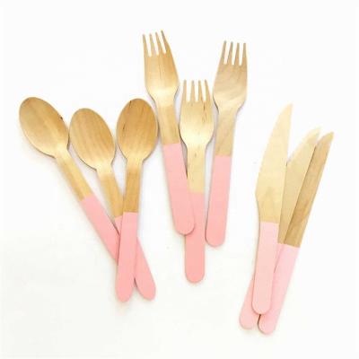 China 100% Birch Wood Wholesale Disposable Real Wooden Salad Fork Knife Bulk Wooden Spoons Customized Engraved Cutlery Set for sale