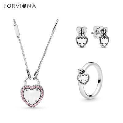 China CLASSIC Charm Jewelry Elegant Classic Ring Earring Necklace Set Wholesale Plated Silver 925 Hearts Lock Pattern for sale