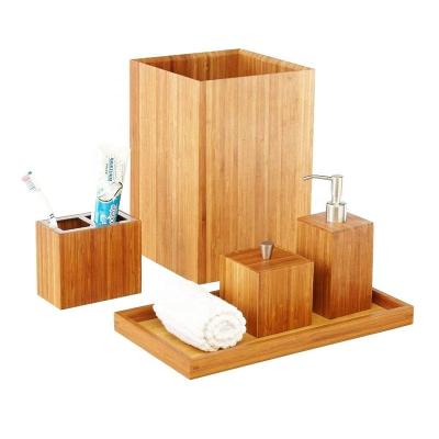 China Sustainable 5 Piece Bamboo Bathroom Accessories Set Luxury Vanity Accessory Set With Wastebasket for sale