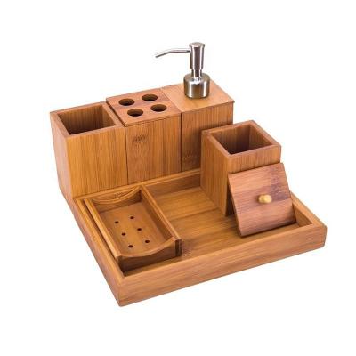 China Sustainable Bamboo Bathroom Accessory Set With Soap Dispenser Cotton Ball Box Toothbrush Holder Soap Dish for sale