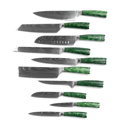 China Sustainable Super sharp chef knife professional cooking German Japanese resin handle Damascus steel laser pattern knife kitchen knife set for sale