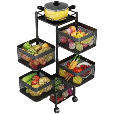 China Modern Multi-Layer Universal Kitchen 360 Row Rotating Rack Metal Storage Vegetable Rack 3 4 5-Tier Fruit Basket Rack With Wheels for sale