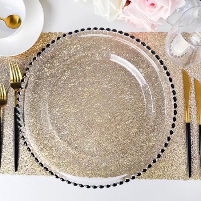 China 2021 Hot Selling Australia Wholesale 13 Inch Viable Black Beaded Clear Glass Charger Dish For Wedding for sale