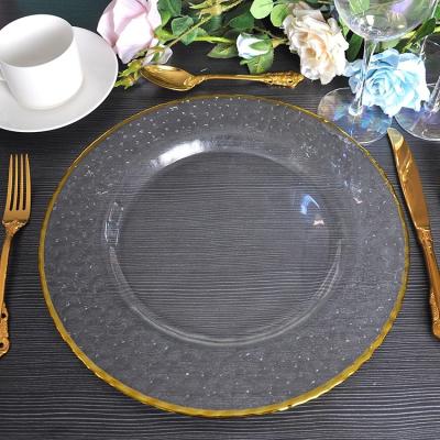 China Gold Rim Glass Transparent Modern Decorative Banquet Party Charger Stocked Custom Dishes for sale