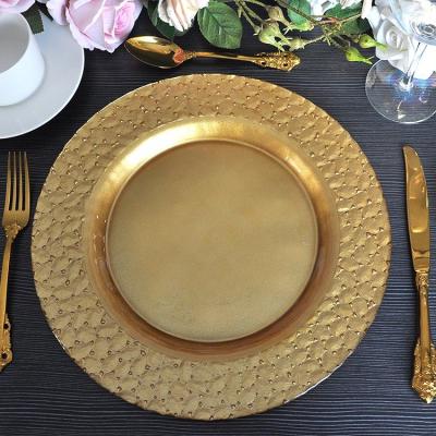 China Wholesale Dinner Stocked 13 Inch Gold Glass Charger Plates Elegant Dish For Party for sale