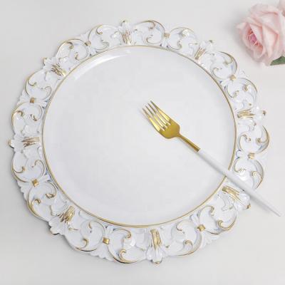 China 13 Inch Disposable Gold Lace Round White Charger Disposable Luxury Modern Vintage Plastic Dinner Dishes With Embossed for sale