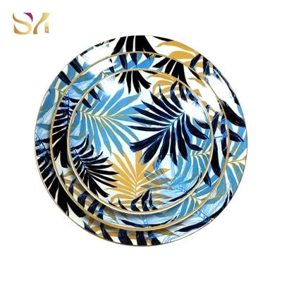 China Viable Custom Multicolor Hotel Dinner Plate Gold Rim Gold Leaf Bone China Dinnerware Set Black Blue Wedding Decor for sale