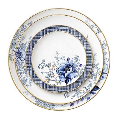 China Sustainable Wholesale Blue Ceramic Design Logo Dinner Dishes Porcelain Dinnerware For Restaurant Weddings for sale