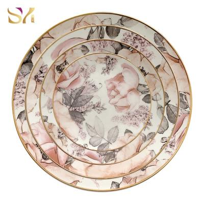 China Viable Wholesale Gold Rim Pink Flower Ceramic Dinner Sets Wedding Dinner Dishes for sale