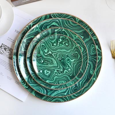 China Sustainable Nordic Chic Trendy Ceramic Pattern Dark Green Type Porcelain Dinner Plate For Home Decor for sale