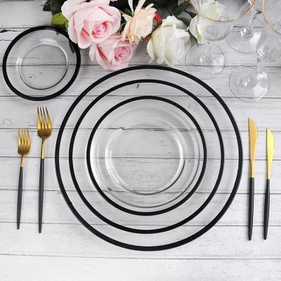 China Sustainable Wholesale Restaurant Decor Clear Glass Dinner Plate Full Sets 4 Black Rim for sale