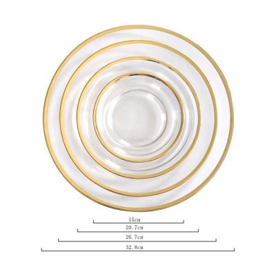 China Sustainable Unbreakable Clear Rim Design Gold Dinner Set Glass Dishes With Logo Wholesale for sale