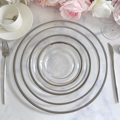 China Sustainable Factory Selling Cheap Light Silver Rim Dishes Dinner Set To Wedding Glass Serving Dish for sale