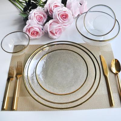 China Viable Clear Glass Gold Rim Dinner Dish Bowl And Fruit Salad Tableware Sets For Home Wedding Decorative for sale