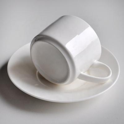 China Viable New Custom Classic Bone China Simple White Ceramic Cup And Saucer Cup Set With Printed Logo for sale