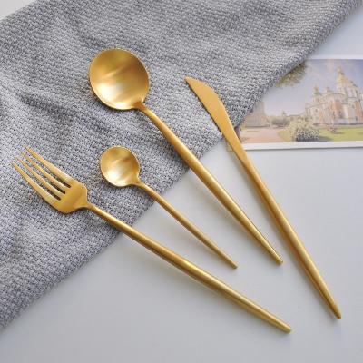 China Wholesale Modern Viable Stainless Steel High Quality Matte Gold Plated Travel Flatware Serving Cutlery Sets Knife Forks Spoons for sale