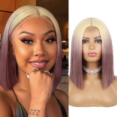 China Wholesale Straight Blonde 613 Highlights Root Short Cuticle Aligned Dangle Frontal Wigs For Women Ombre Purple Wig Lace Front Wig for sale