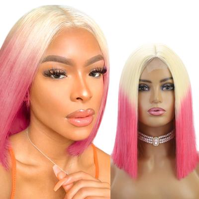 China Short 14inch lead short u part wigs pale pink wigs popular straight lace front wig breathable light pink highlight sellers for sale