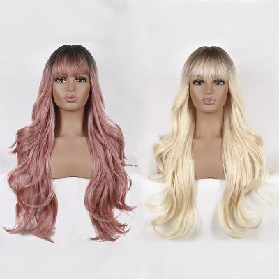 China Hot Pink Natural Wigs Pink Wave Wig With Bangs Synthetic Gradient Dyed Dark Roots Long Wavy Black Pink And Black Ombre Black Laced Wig Vendor for sale