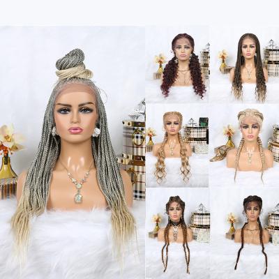 China Newest Wholesale Notless Box Braided African Braided Wigs 24inch Colored Gray Long Braided Wigs Lace Up Full Lace Front Braid Wig Sellers for sale