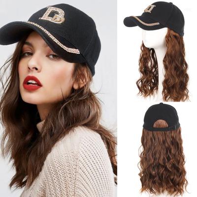 China Wholesale Natural Wave Hair Tied Cap Baseball 18inch Long Wavy Black Brown Color Synthetic Wig Cap Wig For Black Women for sale