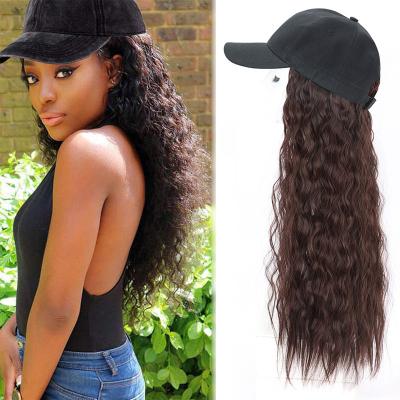 China Wholesale Light Brown Fluffy Curly Water Wave Baseball Cap Hair Extensions 24inch Long Curly Women Wig Caps Fluffy Curly Wig For Black Women for sale