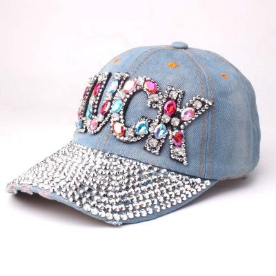 China Hot Women's JOINT Jeans JOINT Baseball Cap Women's Denim Rhinestone Panel Distressed Baseball Hat for sale